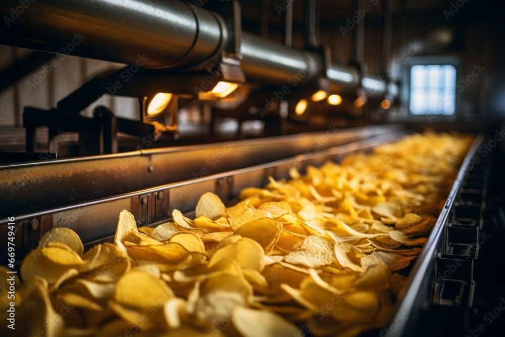 Chips factory. Production conveyor line. Background with selective focus and copy space Chips factory. Production conveyor line. Background with selective focus and copy space