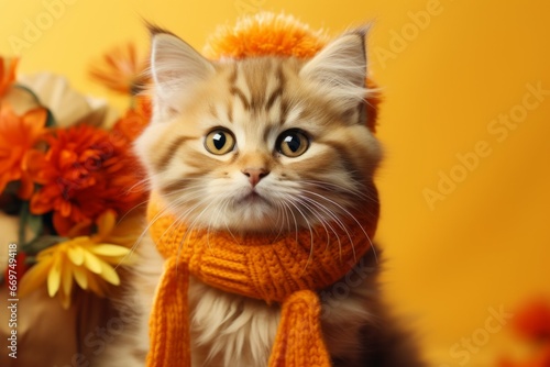 A beautiful cat in clothes on an autumn backdrop. Background with selective focus and copy space © top images