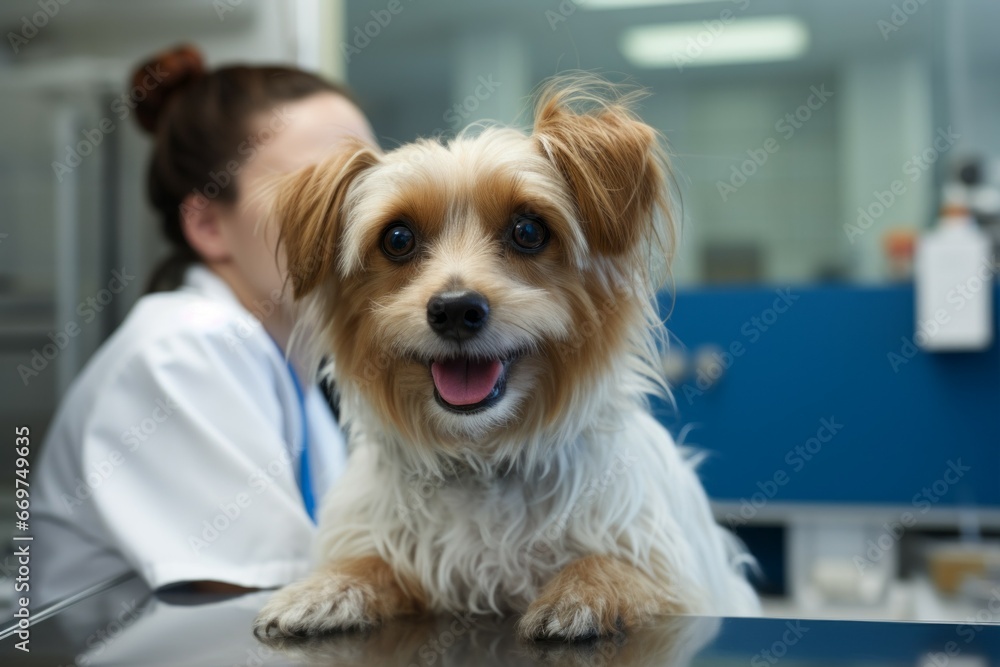 Happy dog at the veterinarian's appointment. Portrait with selective focus and copy space Happy dog at the veterinarian's appointment. Portrait with selective focus and copy space