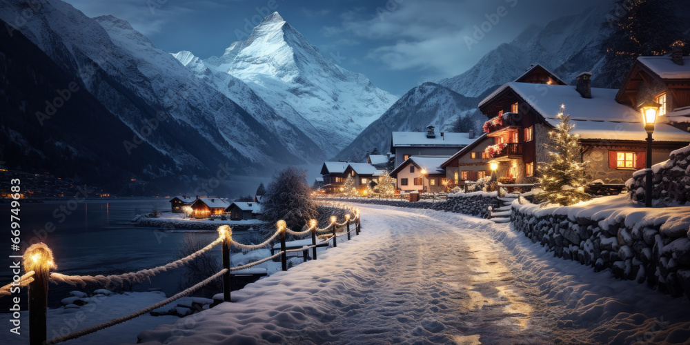 Ski resort houses decorated for Christmas in winter, street in mountain village or town at night. Chalets covered with snow in evening lights. Theme of travel, nature and New Year holiday - obrazy, fototapety, plakaty 
