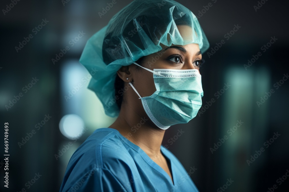 Female surgeon in a medical mask during an operation. Top professions concept. Portrait with selective focus Female surgeon in a medical mask during an operation. Top professions concept. Portrait with selective focus