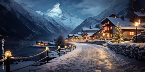 Ski resort houses decorated for Christmas in winter, street in mountain village or town at night. Chalets covered with snow in evening lights. Theme of travel, nature and New Year holiday