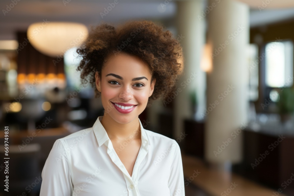 Woman hotel manager. Concept of top in demand profession. Portrait with selective focus and copy space Woman hotel manager. Concept of top in demand profession. Portrait with selective focus and copy space