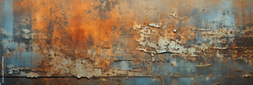 Rust texture background, old iron sheet with worn paint, panoramic banner of rusty metal plate. Vintage oxidized steel surface. Theme of industry, grunge, wall,