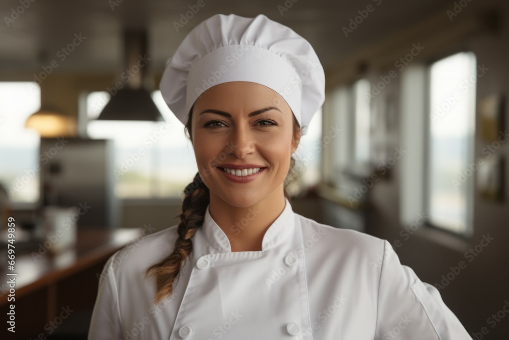 Woman cook or chef in a restaurant kitchen. Portrait with selective focus and copy space Woman cook or chef in a restaurant kitchen. Portrait with selective focus and copy space