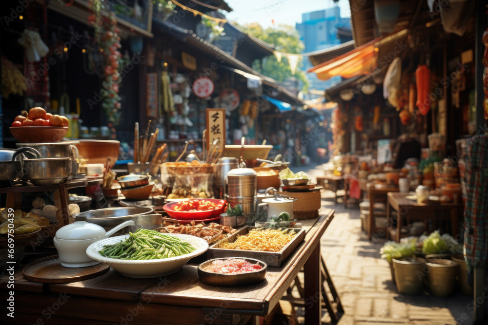 A bustling China street market filled with diverse street foods and local delicacies, offering a Concept of culinary exploration. Generative Ai.