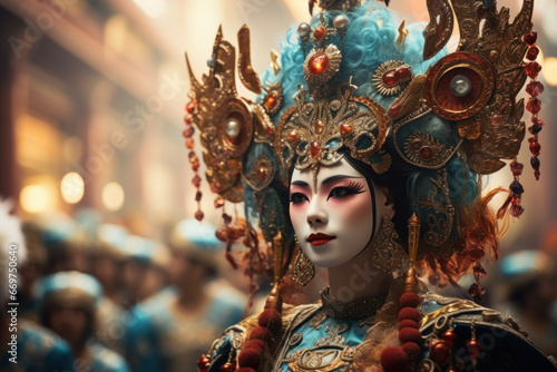 Traditional Chinese opera performers in elaborate costumes, embodying artistic expression and the Concept of theatrical arts. Generative Ai. © Sebastian