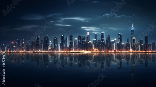 A view of a city skyline at night, with the lights of the corporate towers twinkling