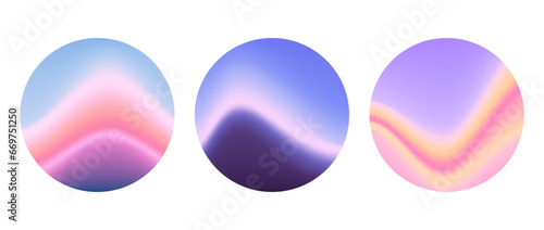 Round wavy gradient background set. Blurred liquid waves wallpaper collection. Purple pink iridescent abstract backdrops in circles. Vector pastel template for banner, flyer, cover, poster, collage