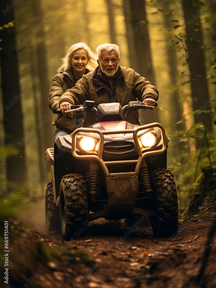 Fototapeta premium A Photo of a Senior Couple Exploring a Forest on an ATV