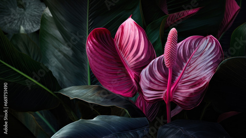 A vibrant tropical plant with long, spiky leaves and a single pink bloom