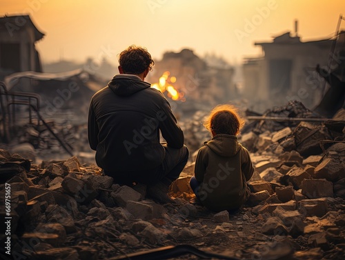 A father and his son were sitting in the ruins of a building looking for the rest of their belongings