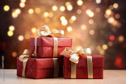 A pile of christmas presents with a soft bokeh background.
