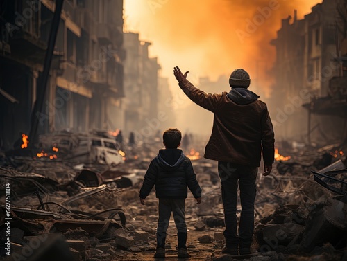 father and son raise their hands in the middle of their city destroyed by missile bombs