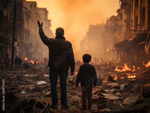 children and fathers waving in the midst of the rubble of buildings destroyed by missile bombs during war conditions