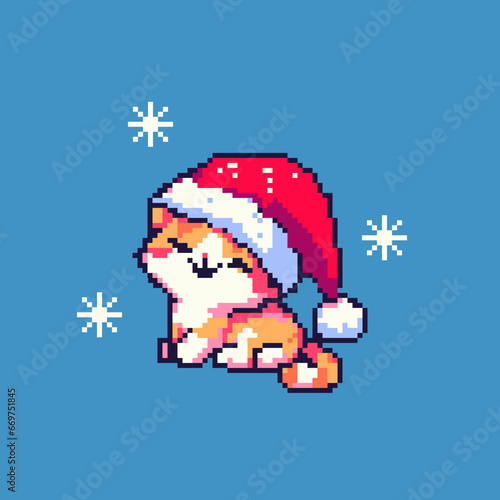 Słodki kot w czapce Świętego Mikołaja. Ilustracja wektorowa w stylu pixel art.