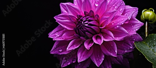 Rain soaked purple dahlia blooming in garden