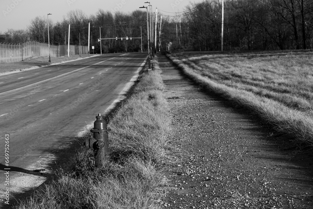 Fototapeta premium Black and White Sidewalk and Road Leading off into Distance