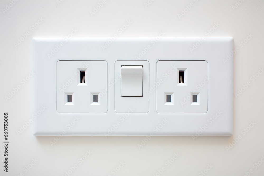 White wall mounted socket board with two electrical sockets and a switch. The socket board is isolated on a white background. White wall mounted socket board with two electrical sockets and a switch. The socket board is isolated on a white background.