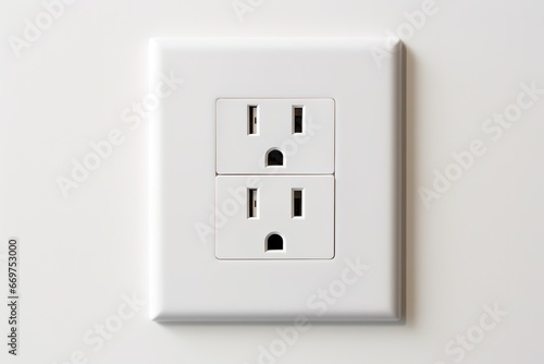 White wall mounted socket board with two electrical sockets and a switch. The socket board is isolated on a white background.