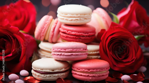 Delicious macarons with red roses, Happy Valentine Day background, Anniversary, Wedding, Proposal. Copy space for text. Generative AI