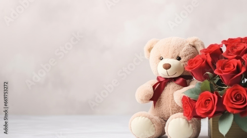 Cute teddy bear with red roses, Happy Valentine Day, Anniversary, Wedding, Proposal. Copy space for text. Generative AI