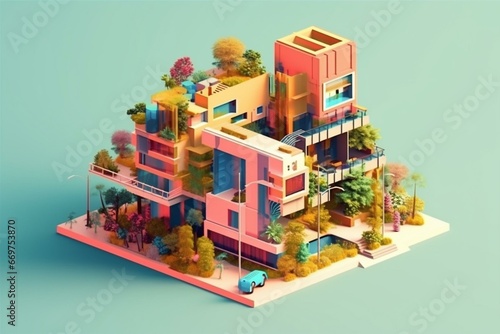 Simplified urban structures with colorful vegetation of an imaginative architectural style. Generative AI