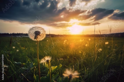 a dandelion in a field with sunset and cloudy sky. Generative AI