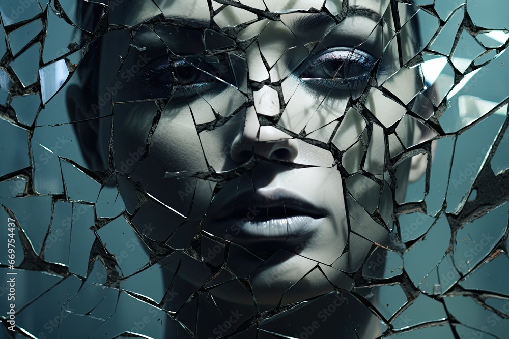 The face of a woman in black and white. Her face is fracturing and shattering like glass. Mental health concept, fragile mind. Generative AI The face of a woman in black and white. Her face is fracturing and shattering like glass. Mental health concept, fragile mind. Generative AI