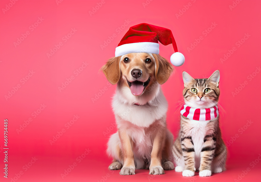 Joyful dog in a Santa hat and cat posed on a pink backdrop. Joyful dog in a Santa hat and cat posed on a pink backdrop.