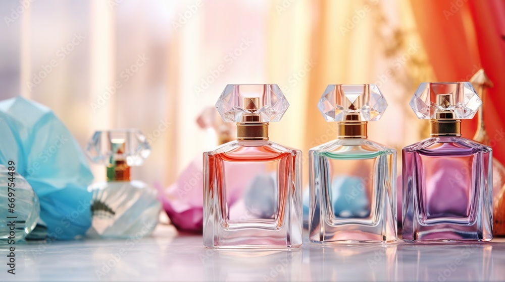 Stylish tender perfume composition with perfume bottles for Christmas, birthday celebration Stylish tender perfume composition with perfume bottles for Christmas, birthday celebration