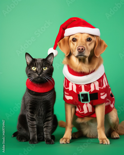 Christmas-themed portrait of a dog in a Santa hat and a cat in a red scarf. © tania_wild