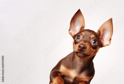 Expressive puppy with large ears and sparkling eyes on a light backdrop.