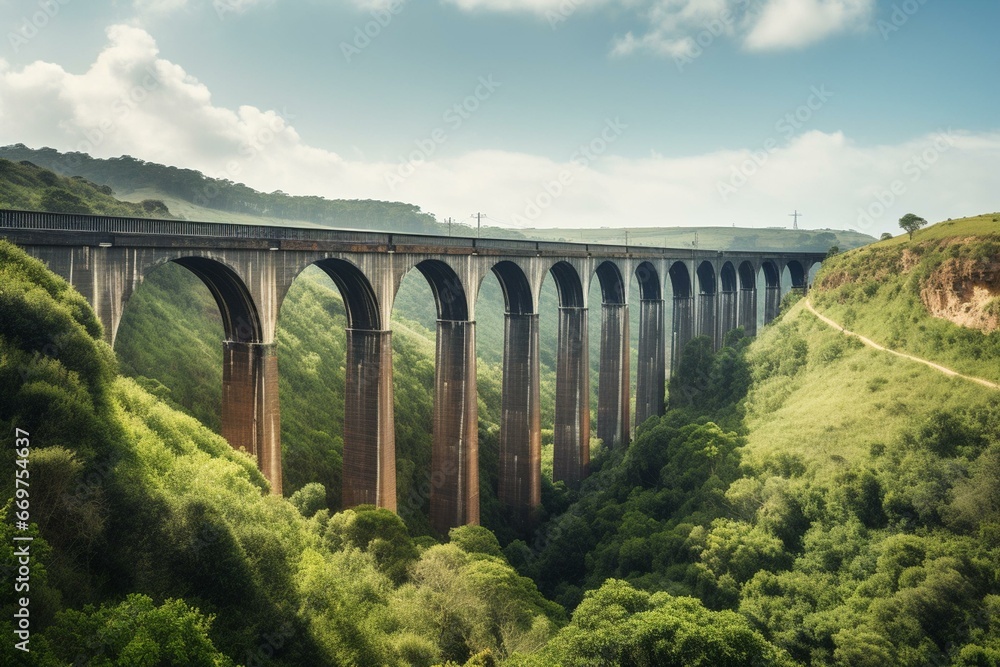a scenic railway viaduct crossing picturesque landscape. Generative AI