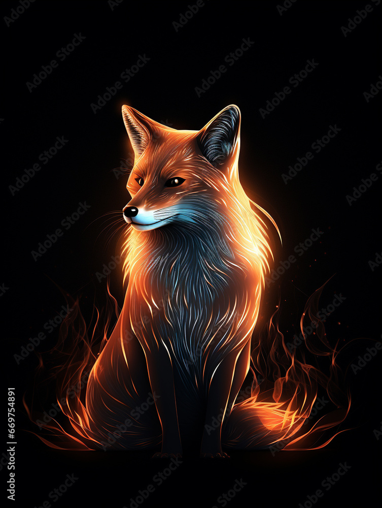 A Geometric Fox Made of Glowing Lines of Light on a Solid Black Background