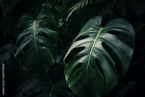 Closeup view of lush green monstera leaf and palms. Dark nature concept and tropical vibe. Generative AI