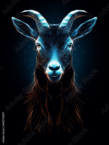 A Geometric Goat Made of Glowing Lines of Light on a Solid Black Background