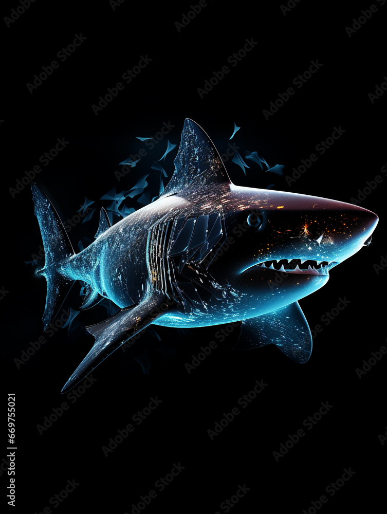 A Geometric Shark Made of Glowing Lines of Light on a Solid Black Background