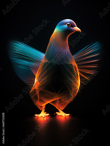 A Geometric Pigeon Made of Glowing Lines of Light on a Solid Black Background