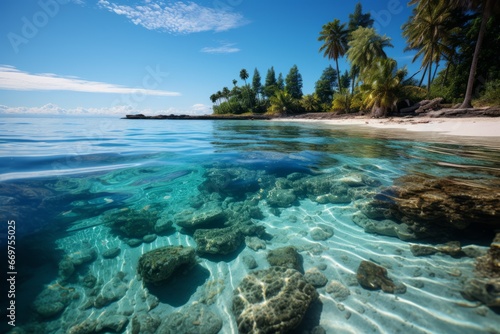 coral reef in clear tropical waters in front of exotic island