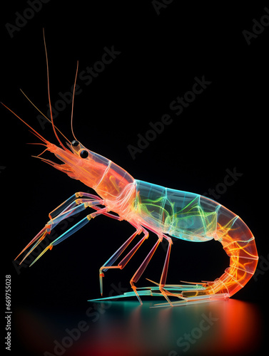 A Geometric Shrimp Made of Glowing Lines of Light on a Solid Black Background © Nathan Hutchcraft