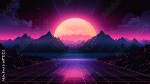 Retro futuristic retro 80s neon trendy synthwave vaporwave concept. Sunset neon background. © W&S Stock