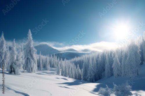 Scenic winter mountain scene with snowy landscape, trees, and sunny weather. Animated loop. Generative AI