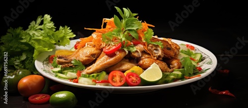 Decorative crispy coating on Thai vegetables and chicken dish