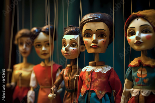 traditional European marionette puppets wearing hostorical 18th or 19th century costumes with strings