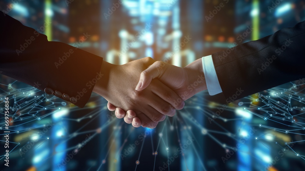 Close up of business people shaking hands against technology background, leader, teamwork, target, Aim, confident, achievement, goal, on plan, finish, generate by AI Close up of business people shaking hands against technology background, leader, teamwork, target, Aim, confident, achievement, goal, on plan, finish, generate by AI