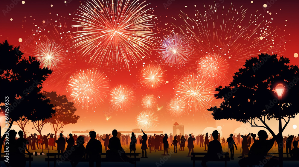 Happy New Year background with fireworks and silhouettes of people in the park generativa IA