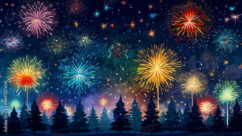 Fireworks and pine trees at night. Vector illustration for New Year and Christmas. generativa IA