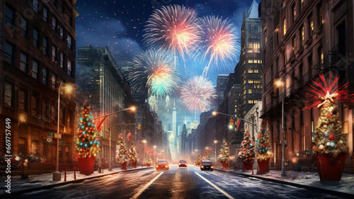 New York City street with Christmas tree and fireworks at night, USA. generativa IA