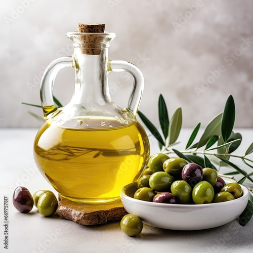 Olive oil in transparent glass bottle with fresh olives and leaves, studio light, close-up, side viewю Generative AI